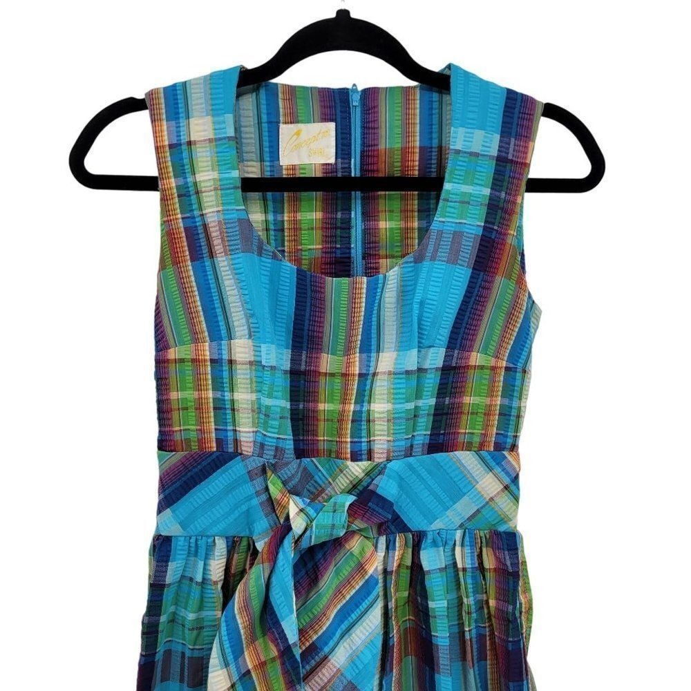 Vtg 70s Cottage Dopamine Rainbow Plaid Tie Waist Maxi Dress Sz M Textured Cotton - Picture 5 of 11